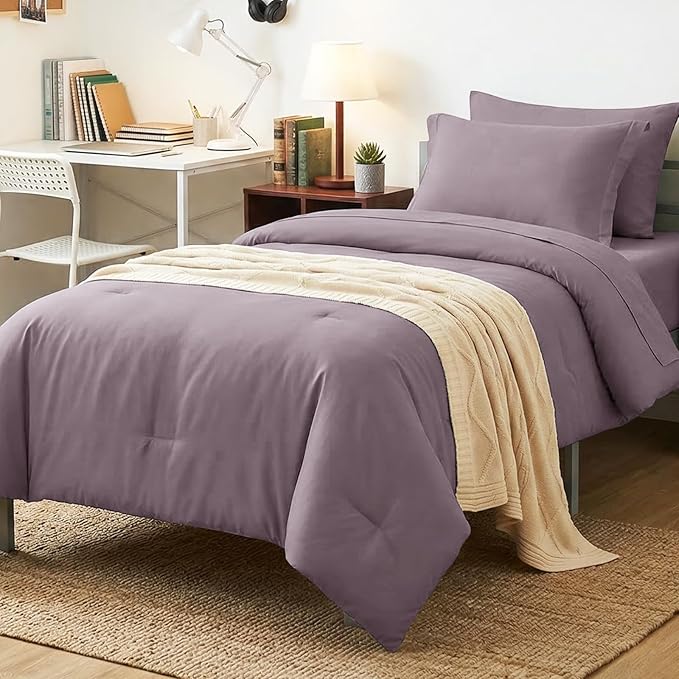 CozyLux Twin XL Comforter Set Dusty Purple, 5 Pieces Bed in a Bag Twin Extra Long Comforter Set with Sheets for College Dorm, Luxury Bed Sets with Down Alternative Comforter, Sheets, Pillowcase & Sham