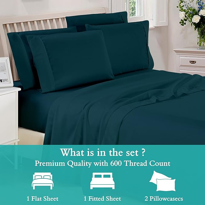 Cal-King 4 Pc Sheet Set 600 TC Sheets Cal-King Size Cotton Sheets for Cal-King Size Bed Sateen Long Staple Deep Pockets Flat Fitted Pillow Case Better Than Percale Hotel Quality Teal