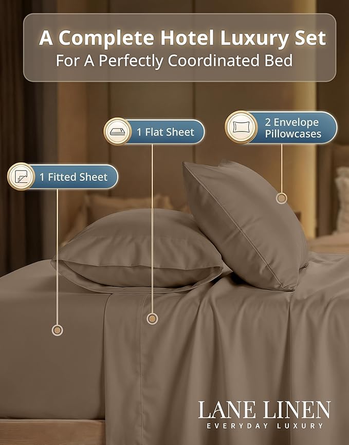 LANE LINEN King Bed Sheet Set – 600 Thread Count Long-Staple 100% Cotton Sheets King Size, Naturally Cool & Durable, Year Around Use, 15" Deep Pocket Fitted Sheet for Snug Fit – Taupe