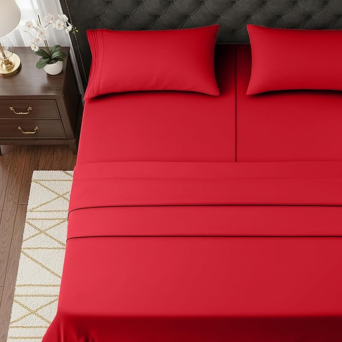 Elegant Comfort Luxurious 1500 Premium Hotel Quality Microfiber Three Line Embroidered Softest 5-Piece Bed Sheet Set, Wrinkle and Fade Resistant, Split King, Red