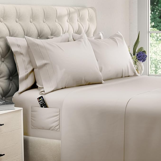DREAMCARE Queen Sheet Set - 6 pcs Breathable Cooling Bed Sheets - up to 21" Extra Deep Pocket Queen Sheets Set with Side Pockets - Extra Soft 100% Brushed Hypoallergenic Hotel Luxury Bedding - Beige