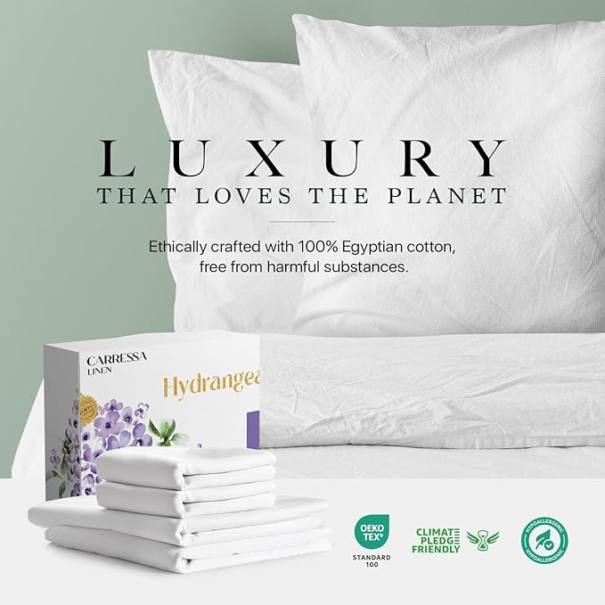Carressa Linen 100% Egyptian Cotton Full Size Sheets - 600 Series Hydrangeas Collection Full Size Egyptian Cotton Sheets (4 PC, Crisp White), 16" Deep Pocket Sateen Weave Luxury Hotel Bed Sheet Set