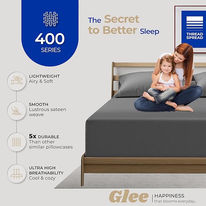 Thread Spread 100% Cotton King Size Pillow Cases Set of 2 - Luxury 400 Series Glee Collection Pillow Cases King Size (Dark Grey), Soft Cooling Breathable & Durable Sateen Hotel Cotton Pillowcases