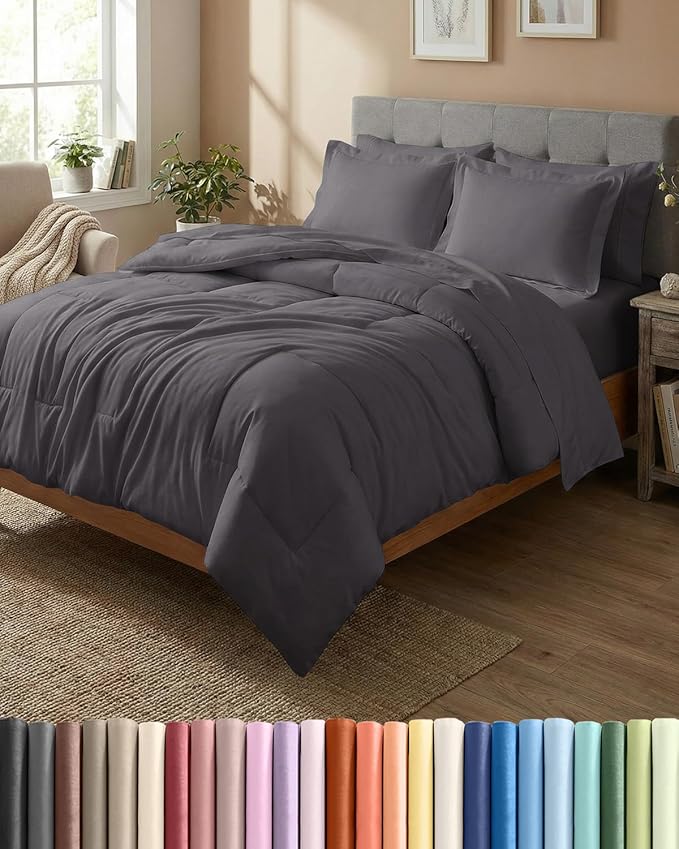 King Comforter Set - 7 Piece Bed in a Bag King Size Bed Set - Down Alternative Comforter, Flat Sheet, Fitted Sheet, Pillowcase & Shams for All Seasons - Ultra Soft, Comfy and Breathable - Dark Grey
