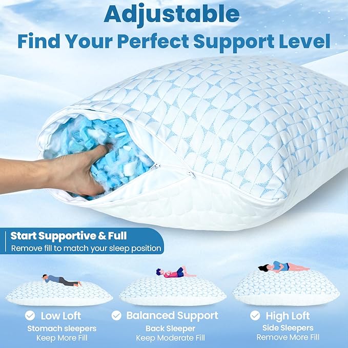 QUTOOL Firm Pillow Shredded Memory Foam, Cooling Pillow for Hot Sleeper, Adjustable Bed Pillow for Side Back Stomach Sleepers, Washable Cover, CertiPUR-US Certified, King Size