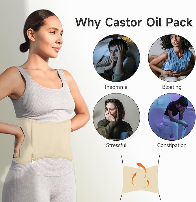 Langsprit Castor Oil Pack Wrap, Cotton Castor Oil Packs for Liver Detox,Reusable Castor Oil Pads Pack Compress for Stomach,Castor Oil Packs Body kit Beige L