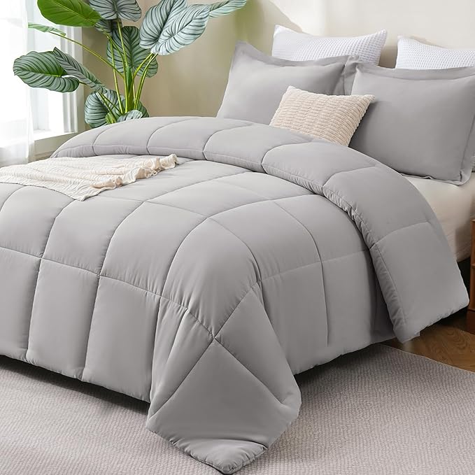 CozyLux King Size Comforter Set - French Grey Comforter King, 3 Pieces Box Stitched Bed Set for All Seasons, Soft Lightweight Bedding Sets with 1 Down Alternative Comforter and 2 Pillow Shams