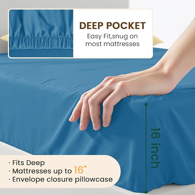 Queen Size 4 Piece Bed Sheet Set - Ultra Imitation Cotton-Premium Breathable & Cooling Sheets - Hotel Luxury Bed Sheets Deep Pocket up to 15"- Wrinkle, Fade(Denim Blue, Queen)