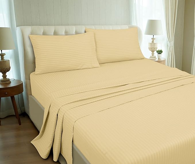 ROYALE LINENS 4 Piece Full Sheets Set - Soft Brushed 1800 Microfiber Bedding - 1 Fitted, 1 Flat Sheet, 2 Pillow Cases - Wrinkle Free & Fade Resistant - Hotel Luxury Bed Sheets (Stripe Sand, Full)