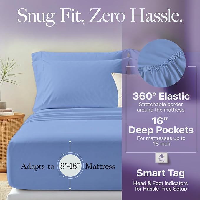 Carressa Linen 100% Egyptian Cotton Twin Sheets Set - 600 Series Hydrangeas Collection Egyptian Cotton Luxury Twin Sheets (3 PC, Deep Blue), 16" Deep Pocket, Soft, Cooling, Sateen Weave Bedding