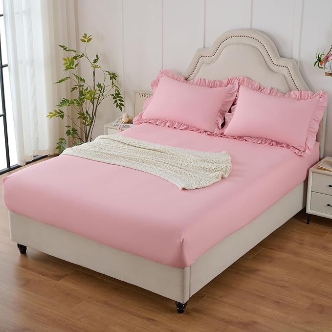 Homiest 3-Pieces Ruffle Pillow Case & Fitted Sheet Set, Light Pink Queen Sheets with 2 Ruffled Pillow Shams, 15 Inch Deep Pocket, Cute & Coquette Microfiber Bed Set for Decorating Bedroom Hotel