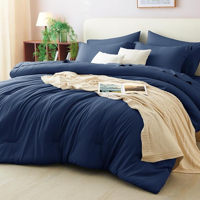 CozyLux Full Size Comforter Sets Navy Blue, 7 Pieces Bed in a Bag Full Comforter Set with Sheets, Luxury Bedding Set with Down Alternative Comforter, Fitted Sheet, Flat Sheet, Pillowcases & Shams