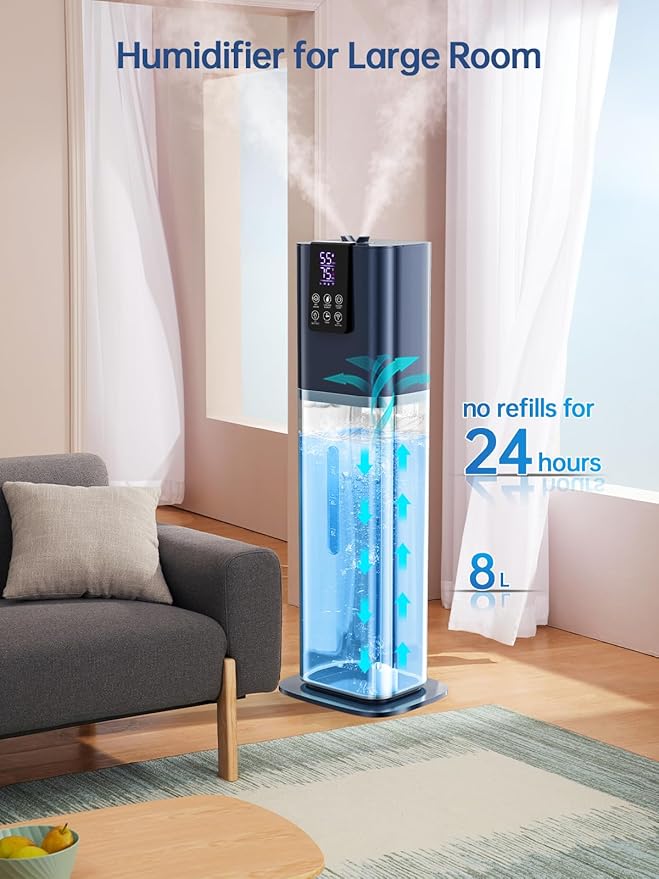 Hiswelle 8L Smart Humidifiers for Bedroom Large Room, 2.1Gal Cool Mist Top Fill Diffuser Ambient Light, App & Remote Control, 3 Mist Modes, Quiet Humidifier for Home Office Plant (Blue)