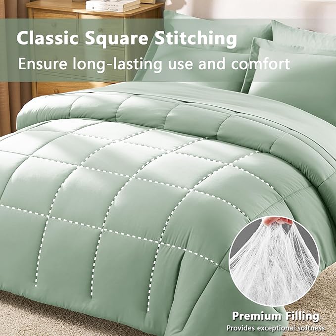 CozyLux King Size Comforter Set Sage Green - 7 Pieces Bed in a Bag King, Okeo-Tex Certifited Bedding Set, All Season Soft Bed Set with Down Alternative Comforter, Sheets, Pillowcases & Pillow Shams
