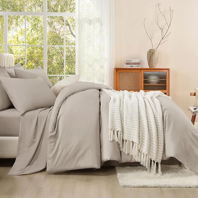 Litanika Full Size Comforter Sets Linen Grey - 7 Pieces Bed in a Bag Full Bedding Comforter Sets, Solid Lightweight Bed Set with Comforter, Sheets, Pillowcases & Shams