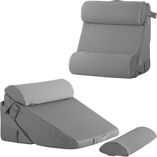 Bedluxe Adjustable 4pcs Bed Wedge Pillow Set, Memory Foam Wedge Pillows Post Surgery for Back, Neck, Leg Pain Relief, Pillow Wedge for Sleeping, Sitting up in Bed, Acid Reflux and GERD, Grey