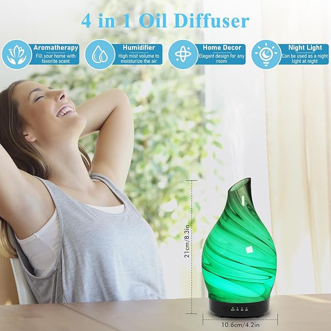 Essential Oil Diffuser 150ML, Glass Aromatherapy Diffuser with 4 Timer Settings & 7 Color Changing Lights, Waterless Auto Shut-Off, Ultra Quiet Oil Diffuser, Mothers Day for Home, Office, Yoga, Spa
