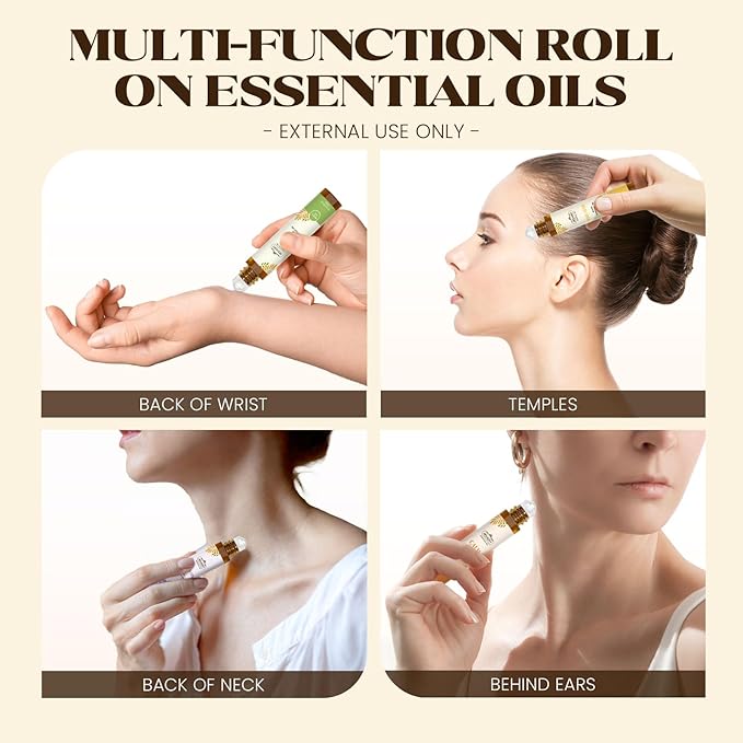 Essential Oils Roll On Set,Gifts for Mom & Wife (Calm, Relax, Breathe, Focus on, Sleep, Renew), Natural Aromatherapy Oil Blend Kit with Roller Ball for Massage, Body Skin Care, Relaxation Gift