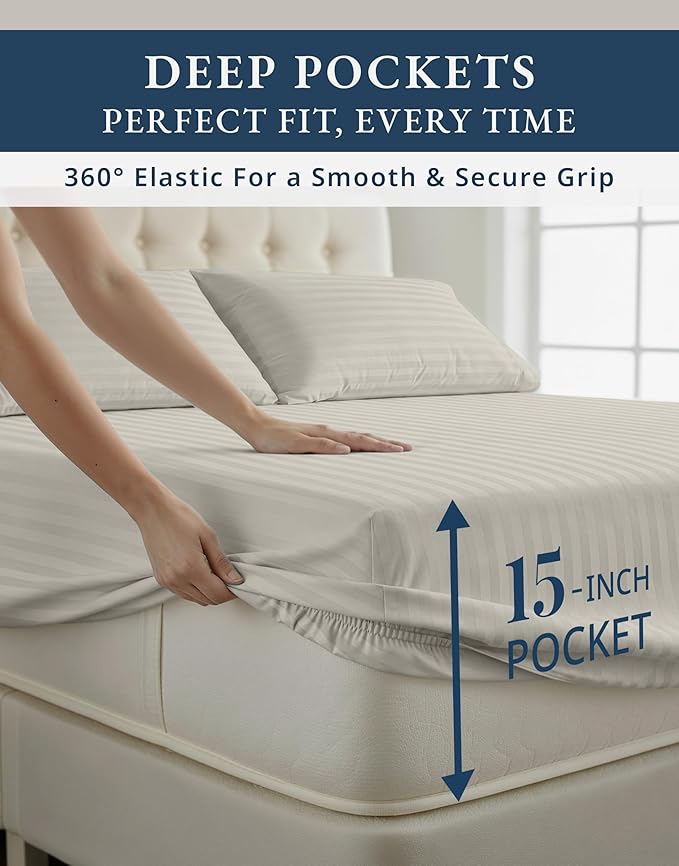 LANE LINEN Striped Sheets Set - 100% Egyptian Cotton 4 Piece Bed for King Size Hotel Bedding & Pillowcases 16" Deep Pocket (Fits Upto 17" Mattress) Silver