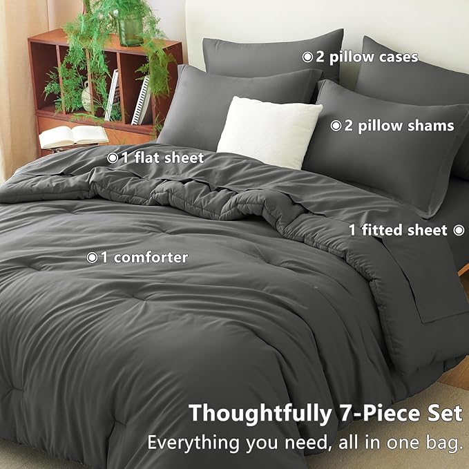 CozyLux Queen Comforter Set Dark Grey, 7 Pieces Bed in a Bag Queen Comforter Set with Sheets, Dark Gray Luxury Bed Sets with Down Alternative Comforter, Fitted Sheet, Flat Sheet, Pillowcases & Shams