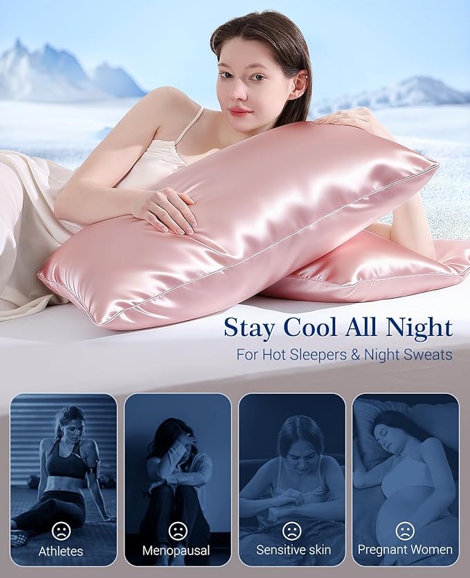 Elegear Cooling Pillow Cases Set of 2 for Hot Sleepers, Soft Silky Satin Pillowcase for Hair & Skin, Upgraded Arc-Chill Cooling Satin Pillowcase Q-max>0.5, Luxury Zipper Pillowcase Cover-Standard,Pink