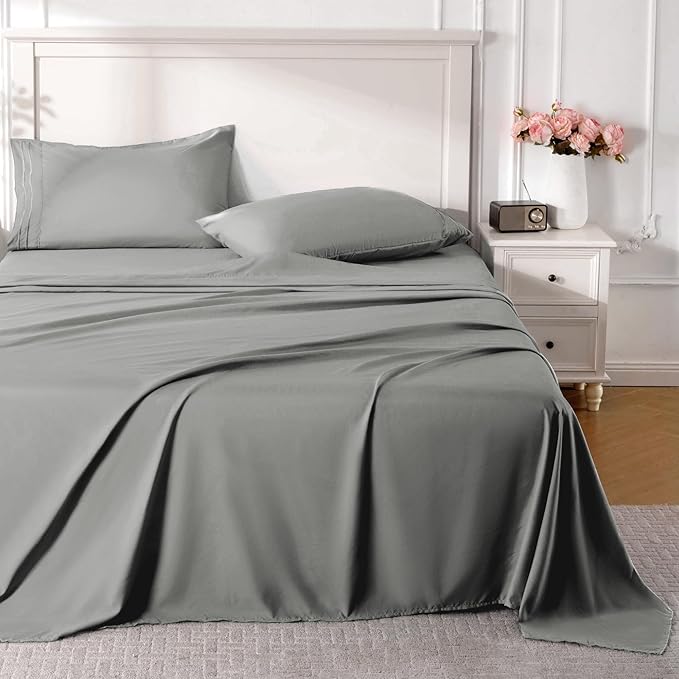 ROSE&RISY Light Grey Full Sheet Set, 4 Pieces Soft Bedding Queen Sheet Set, Breathable and Cooling, Includes 1 Fitted Sheet, 1 Flat Sheet, 2 Pillow Cases - Deep Pocket (Light Grey, Full)