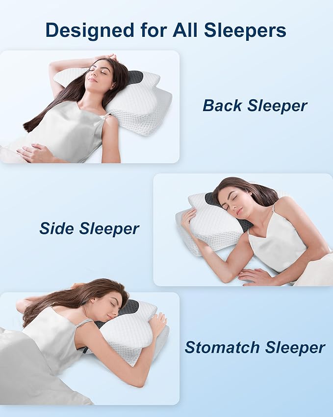 HOMCA Cervical Neck Pillow for Neck Pain Relief, Ergonomic Orthopedic Neck Pillows for Sleeping, Memory Foam Neck Pillow for Back Stomach Side Sleepers with Breathable Pillowcase