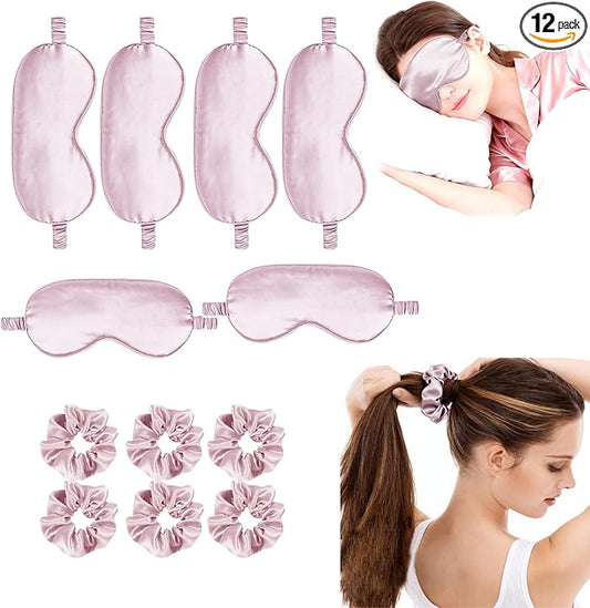 12Pcs Silk Sleep Masks Satin Eye Mask Silky Eyes Cover Blindfold Eyeshade Hair Ties Scrunchy Travel Bridesmaids Gifts