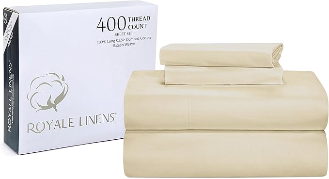 ROYALE LINENS 400 Thread Count 100% American Grown Cotton 4 Piece Sateen Queen Sheet Set - 1 Fitted Sheet, 1 Flat Sheet, 2 Pillow case - Taupe Queen Bedsheet - Cotton Sheets - (Queen, Moroccan Sand)
