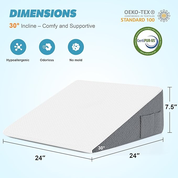 Yojoker Wedge Pillow for Sleeping - Bed Wedge for Headboard Triangle Pillow, Memory Foam Wedges for Acid Reflux, GERD, Snoring, Post Surgery Back Pain Relief, Leg Elevation(White Grey, 24*24*7.5 inch)