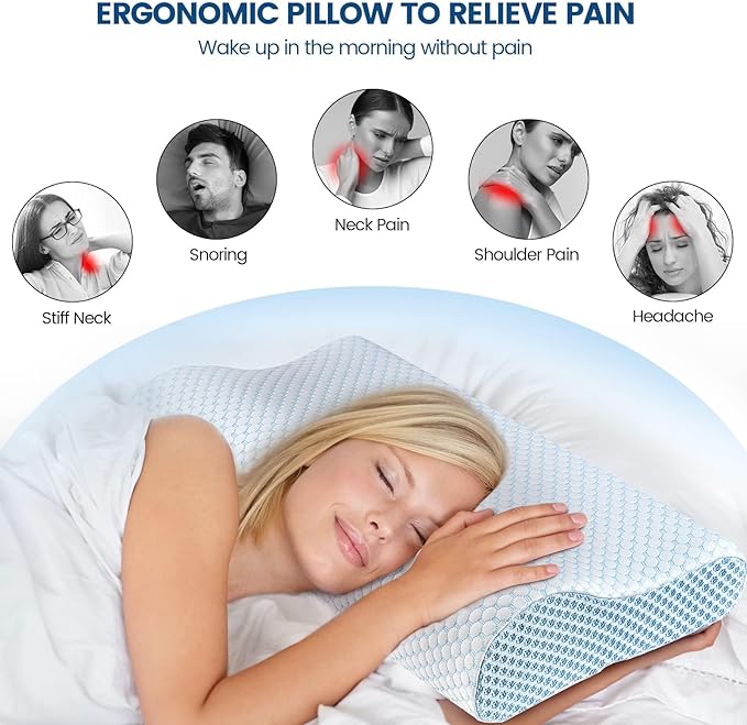 Polovo Neck Pillow Memory Foam Pillows for Sleeping, Ergonomic Cervical Pillow Neck Support Pillow Bed Pillow for Side Back Stomach Sleepers, Contour Pillow for Neck and Shoulder Pain Relief (Blue)