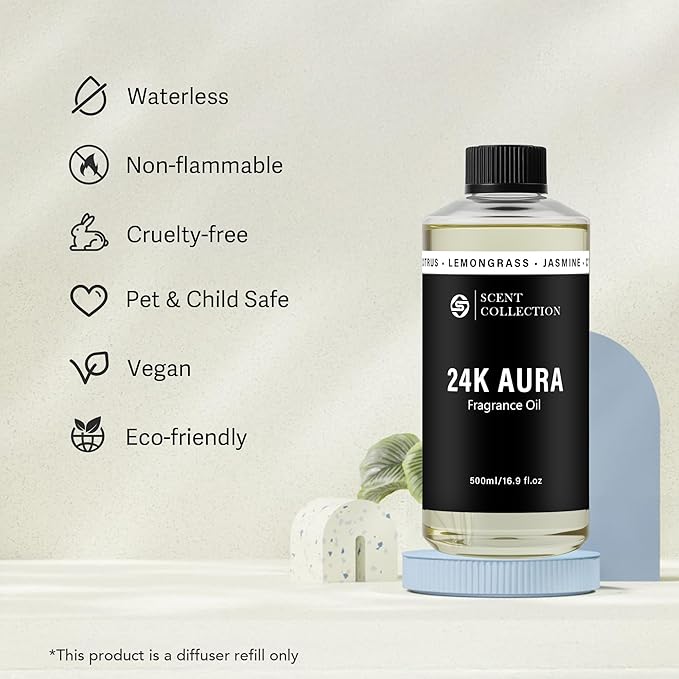 Luxury Hotel Scent 24K Aura 500ml/16.9Fl oz Diffuser Oil Waterless Essential Aromatherapy for Cold Air & Car Diffusers – Long Lasting Refill for Large Room & Home - Signature Lemongrass