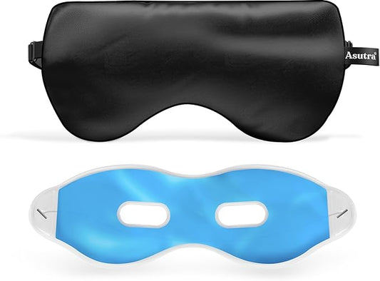 ASUTRA Silk Eye Pillow for Sleep, Black - Filled w/Lavender Buds & Flax Seeds, Weighted Eye Mask, Meditation & Light Blocking Blindfold, Cooling Gel Mask Included