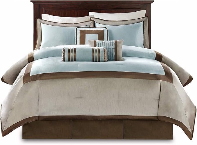 Madison Park Cozy Comforter Set-Deluxe Hotel Collection, All Season Down Alternative Luxury Bedding with Matching Shams, Decorative Pillows, King (104"x92 "), Genevieve, Blue7 Piece