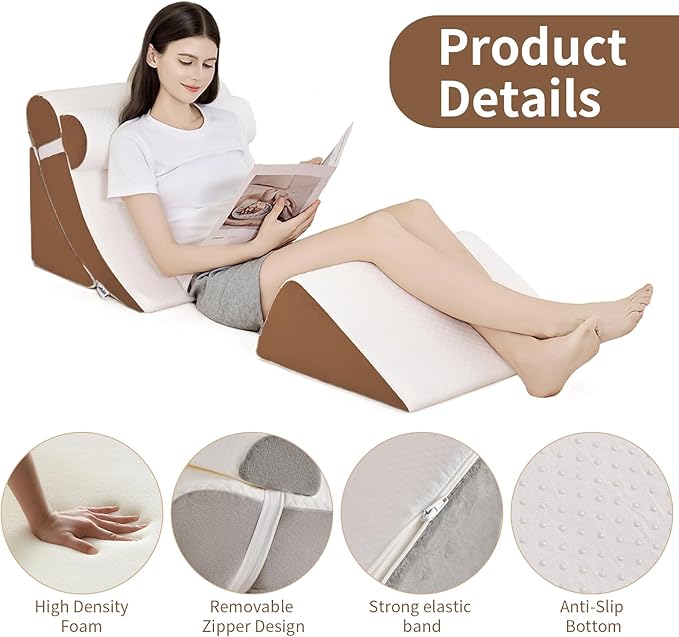 4PCS Orthopedic Bed Wedge Pillow Set for Post Surgery&Pain Relief,Adjustable Wedge Pillow for Back,Acid Reflux,Sitting up in Bed,Recovery,Snoring,Body Pillow for Sleeping (White/Dark Brown)