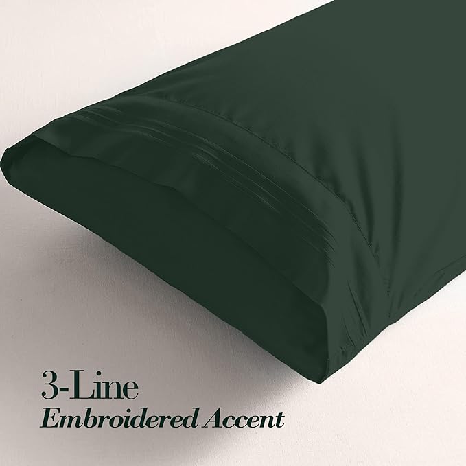 Mocassi 2-Piece Premium King Pillowcase Set 1800 Series Hotel Quality Microfiber - Soft and Breathable with 3-Line Embroidery Wrinkle and Stain Resistant, Easy Care, 20" x 40", Forest Green
