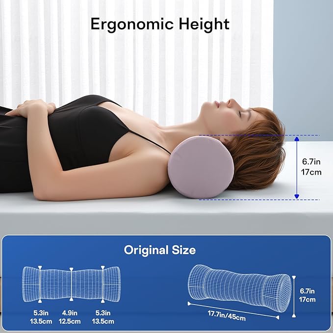 Neck Roll Pillow - Cooling Cover Round Neck Pillow for Sleeping - Memory Foam Cervical Roll Pillow - Ergonomic Bolster Pillow for Neck, Leg, Back, Yoga, Relaxing (Blue Purple)