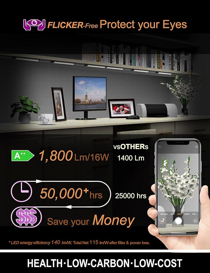 LED Under Cabinet Lighting Touch Under Counter Lights for Kitchen Built-in Adjustable Cable No Messy Wires! 6 Pcs Cabinet Light 6500K 2700Lm 5 External-Cable for Garage Pantry Closet Timer Smart Plug