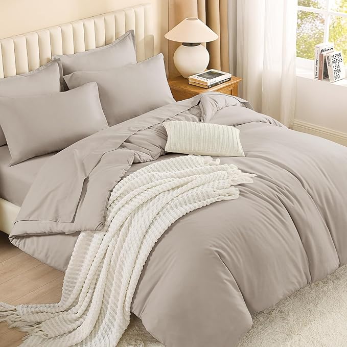 Litanika King Size Comforter Set Linen Grey - 7 Pieces Bed in a Bag King Bedding Comforter Sets, Solid Lightweight Bed Set with Comforter, Sheets, Pillowcases & Shams
