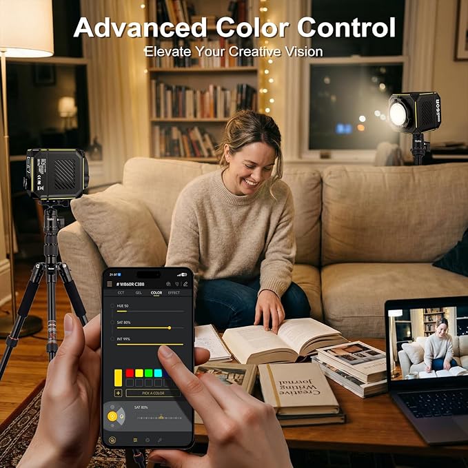 COLBOR 60W LED Video Light, Portable RGBCW COB Light with Built-in 59Wh Battery, 2700K-6500K Bi-Color & Full Color, CRI 96+, App Control, Support PD/DC Power, Photography Light for Outdoor Studio