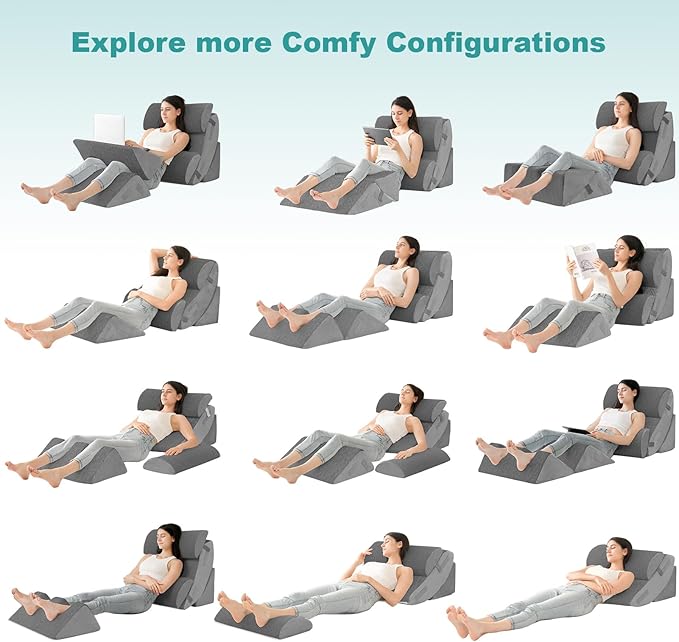 Hansleep Bed Wedge Pillow Set for After Surgery 6PCS, Post Surgery Pillow for Sleep Apnea and Acid Reflux Relief, Adjustable Reading Pillows Back Support with Memory Foam, Grey, 23"