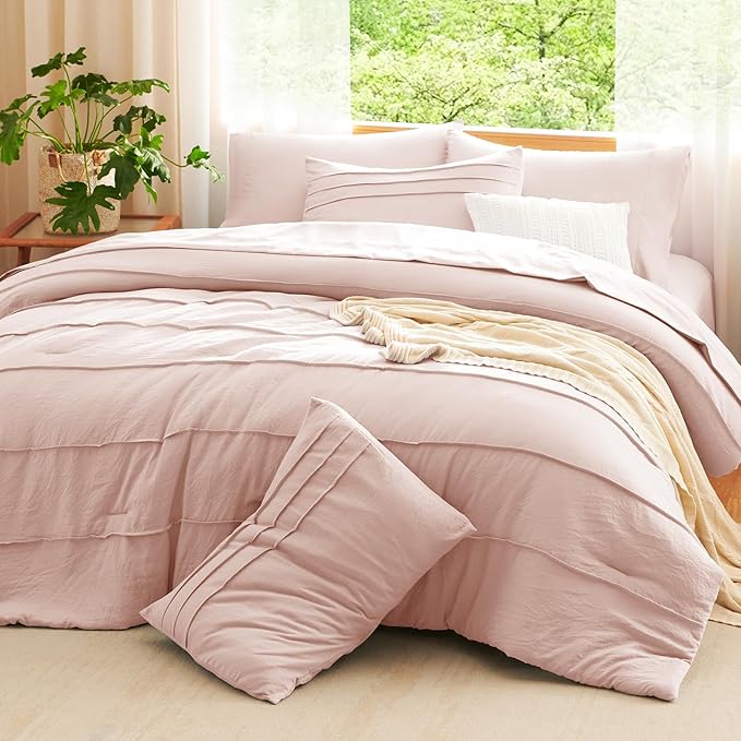CozyLux Queen Comforter Set Pink, 7 Pieces Soft Pinch Pleat Bed in a Bag Queen Comforter Set with Sheets, Boho Bed Set with Down Alternative Comforter, Sheets, Pillowcases & Shams