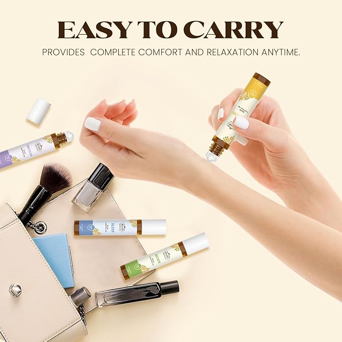 Essential Oils Roll On Set,Gifts for Mom & Wife (Calm, Relax, Breathe, Focus on, Sleep, Renew), Natural Aromatherapy Oil Blend Kit with Roller Ball for Massage, Body Skin Care, Relaxation Gift