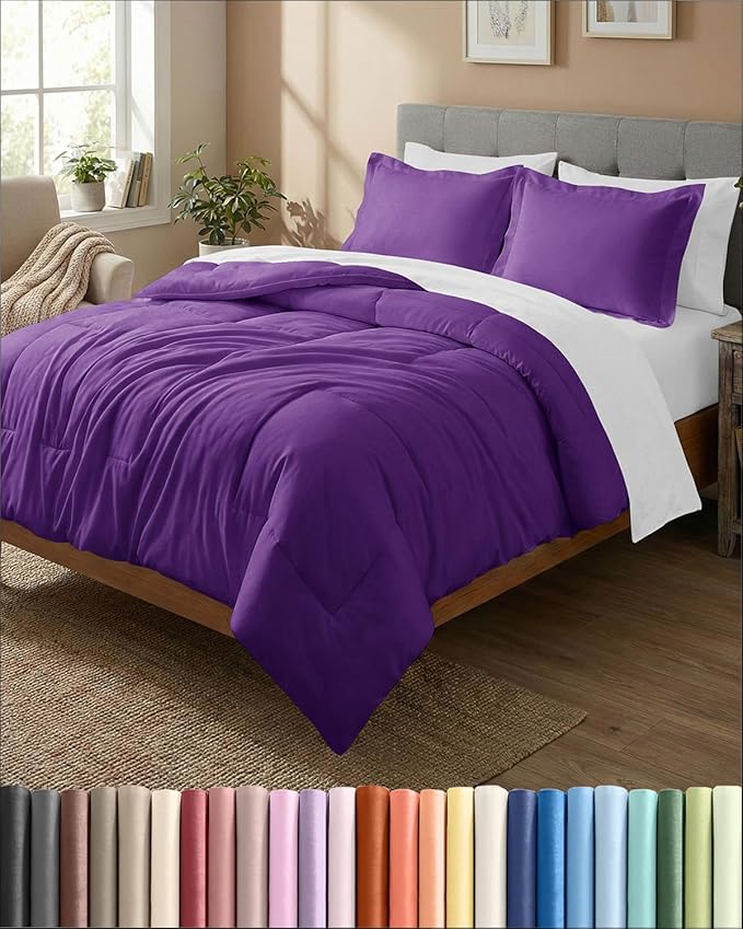 King Comforter Set - 3 Piece Bed Set for All Seasons - 1 Soft Quilted Comforter w/ Corner Tabs & 2 Pillow Shams - Comfy, Cozy & Breathable - Premium Down Duvet Insert - Oeko-TEX - King Size, Purple