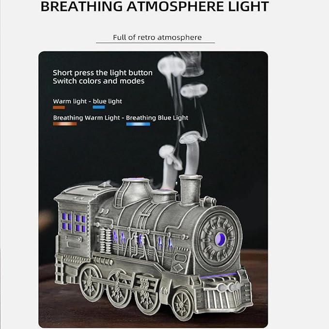 Retro Train Essential Oil Diffuser Humidifier 300ML - Steam Engine Cool Mist Humidifier with Dual Mist Modes & Auto Shut-Off, Quiet Aromatherapy Diffuser with Night Light for Home Office Decor
