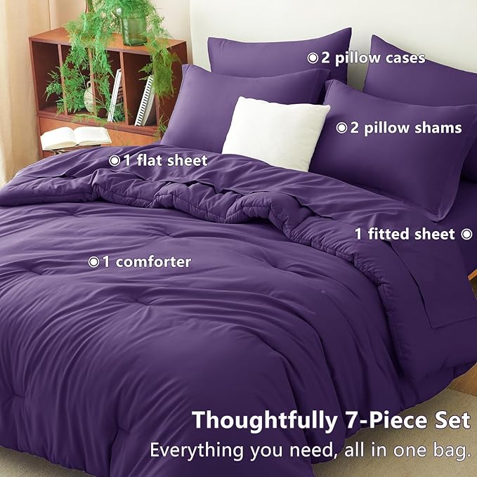 CozyLux Queen Comforter Set Purple, 7 Pieces Bed in a Bag Queen Comforter Set with Sheets, Luxury Soft Bedding Sets with Down Alternative Comforter, Fitted Sheet, Flat Sheet, Pillowcases & Shams