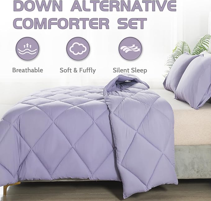 Decroom Lightweight Queen Comforter Set with 2 Pillow Sham - 3 Pieces Set - Quilted Down Alternative Comforter/Duvet Insert for All Season - Lavender - Queen Size