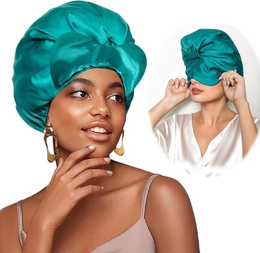 2-in-1 Satin Sleep Bonnet with Eye Mask for Women –Silk-Lined Hair Bonnet for Sleeping, Adjustable, Anti-Frizz for Curly Hair