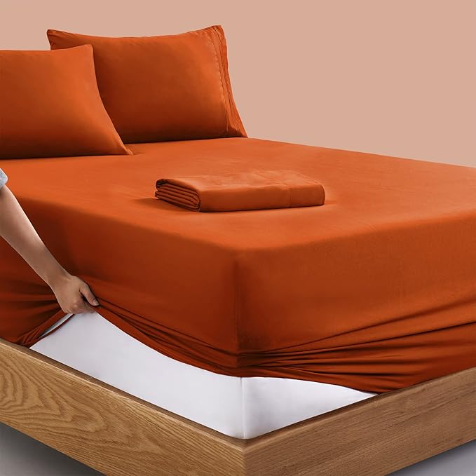 Manyshofu Extra Deep Pocket Queen Sheet Sets - Hotel Luxury 1800 Thread Count Sheets & Pillowcases - Microfiber Bedding Set up to 24" Mattress - Burnt Orange Bed Sheets 18-24 Inch Deep Pockets - 4Pcs
