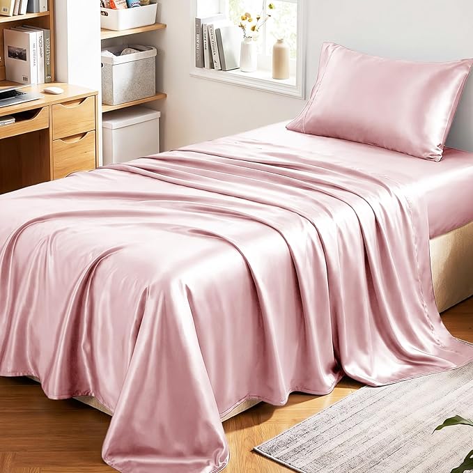 CozyLux Satin Sheets Twin Sheet Set - 3 Piece Silky Twin Bed Sheets, Luxury Dirty Pink Sheet Twin Size Bed Set with Smooth and Soft Microfiber, Includes 1 Fitted Sheet, 1 Flat Sheet and 1 Pillowcase